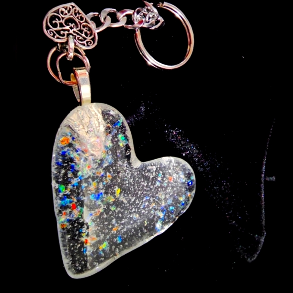 Stained Glass Sparkle Heart Key Chain with Heart Charm - Picture 3 of 4